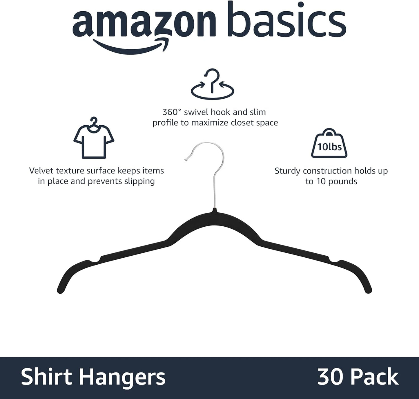 Amazon Basics Slim, Velvet, Non-Slip Shirt Clothes Hangers, Pack of 30, Black